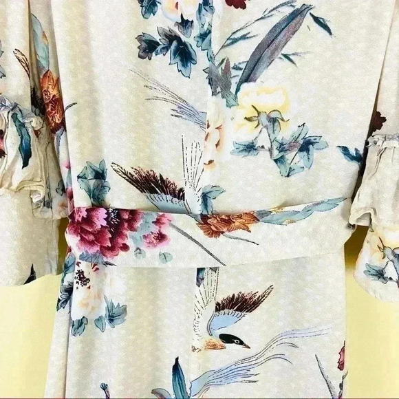 Label Of Love Floral Bird Peasant Ruffle High Neck Tie Waist Mini Dress Size 10 - Picture 13 of 15